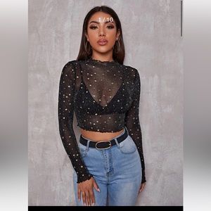 shein bae lettuce trim star mesh crop top